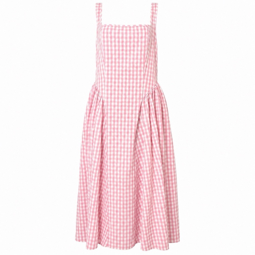 Vintage Handmade Women's Cottage Prairie Dress Pink Gingham Plaid Country Bib M